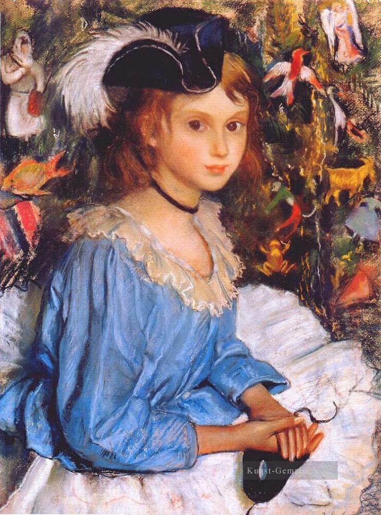 katya in blauem Kleid von Weihnachtsbaum schöne Frau Dame Ölgemälde